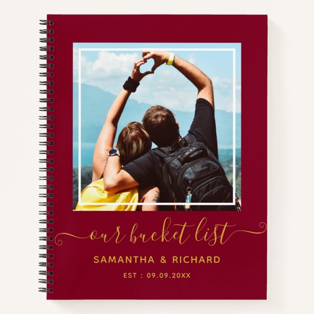 Burgundy And Gold Newlywed Our Bucket List Photo   Notebook (Front)