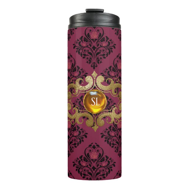 Burgundy and Gold Paris Gemstone Damask Thermal Tumbler (Front)