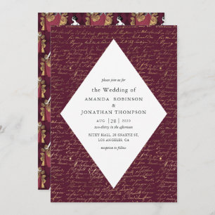 Burgundy and Gold Paris Themed Calligraphy Wedding Invitation