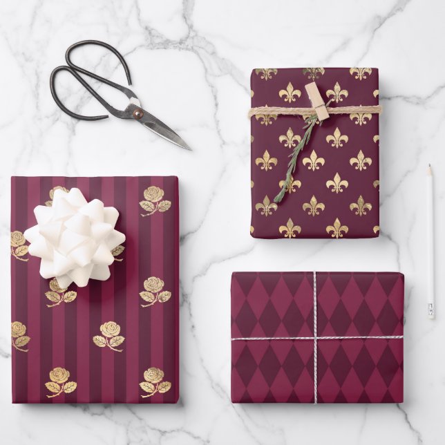 Burgundy and Gold Paris Wrapping Paper Sheets (Front)