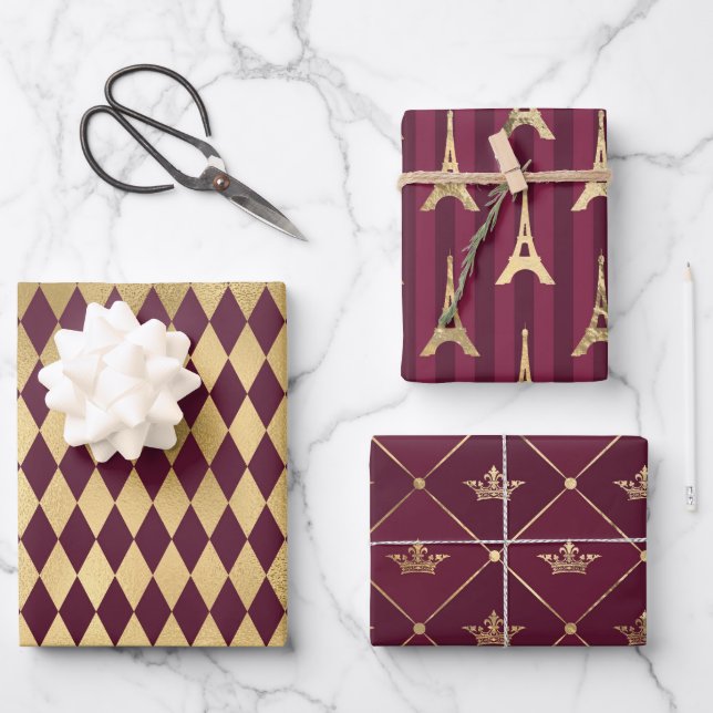 Burgundy and Gold Paris Wrapping Paper Sheets (Front)