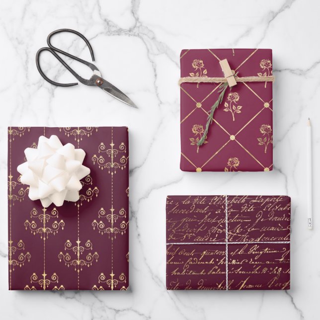 Burgundy and Gold Paris Wrapping Paper Sheets (Front)