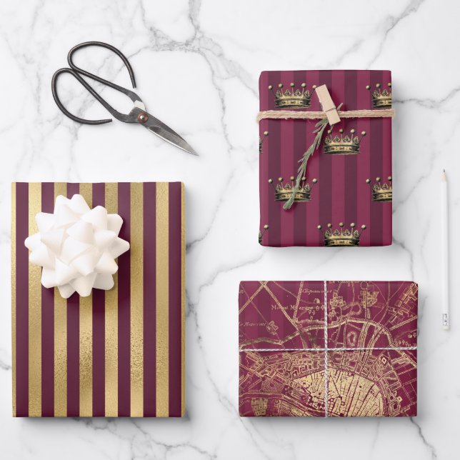 Burgundy and Gold Paris Wrapping Paper Sheets (Front)