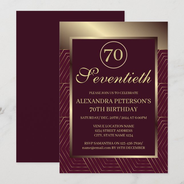 Burgundy And Gold Patterned Border Birthday Invitation (Front/Back)
