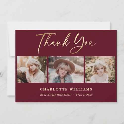 Burgundy and Gold Photo Collage Graduation Thank You Card
