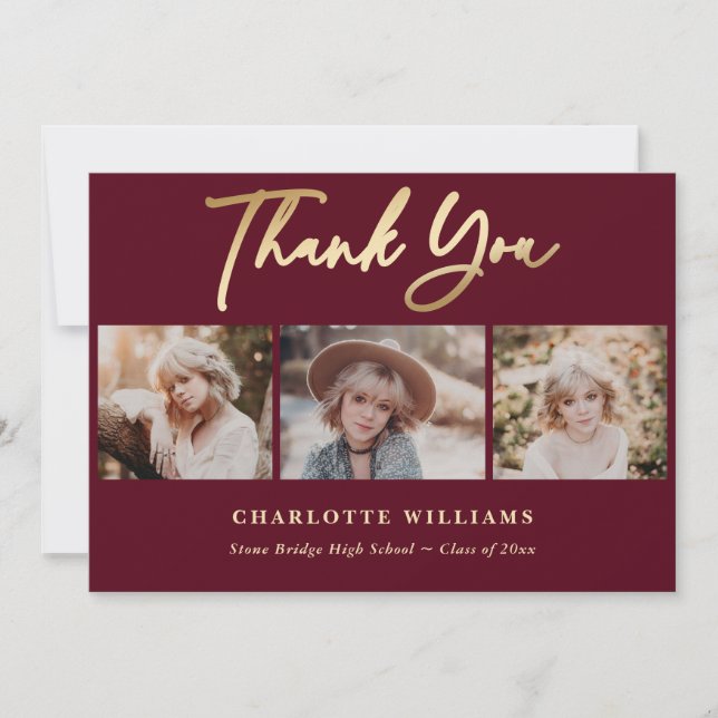 Burgundy and Gold Photo Collage Graduation Thank You Card (Front)