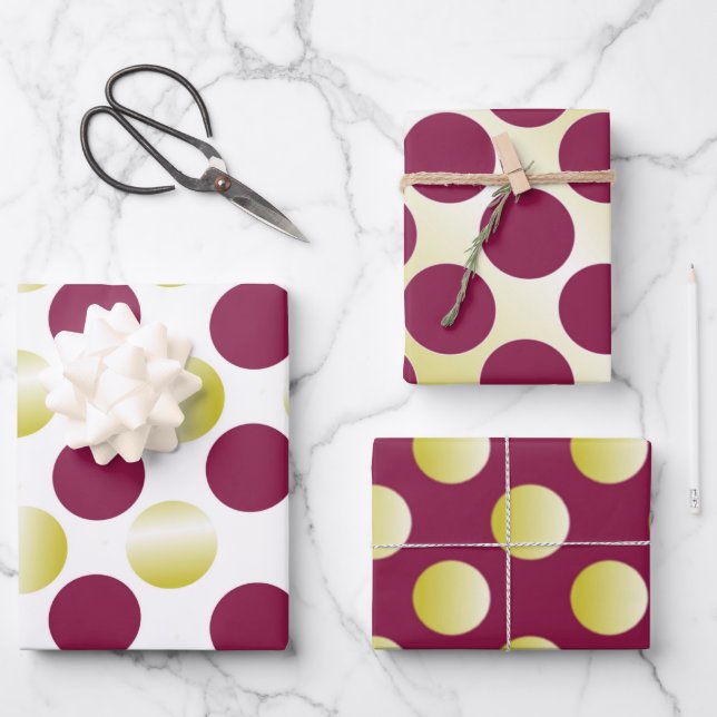 Burgundy and gold polka dots wrapping paper sheets (Front)