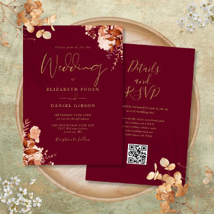 Burgundy And Gold QR Code Fall Wedding Invitation