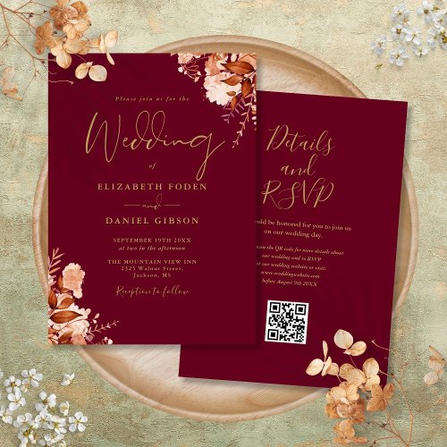 Burgundy And Gold QR Code Fall Wedding Invitation