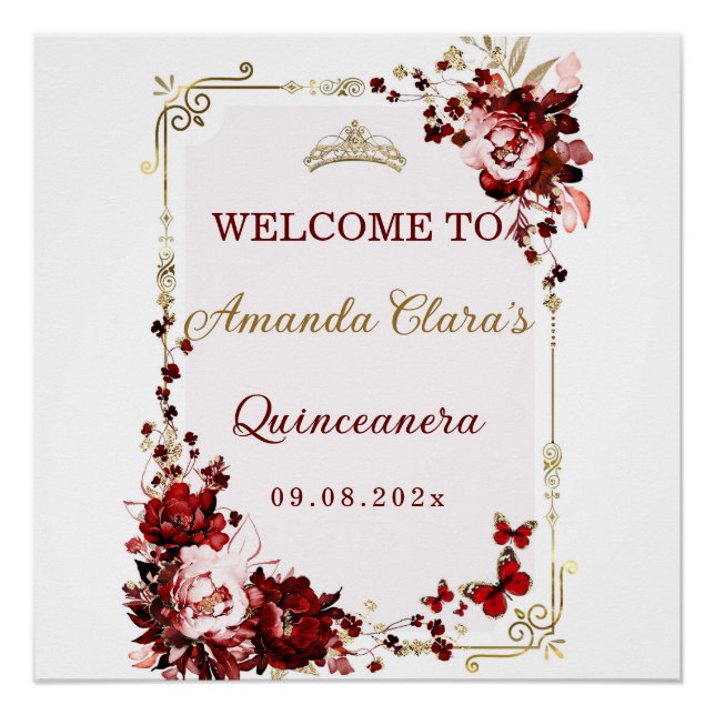 Burgundy and Gold Quinceañera Welcome Printable Poster (Front)