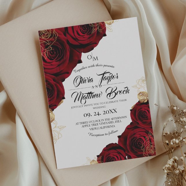  Burgundy and Gold ⎮ Red Rose Floral Wedding Invitation (Creator Uploaded)