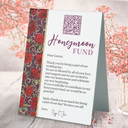 Burgundy and Gold Red Roses QR Code Honeymoon Fund Table Tent Sign