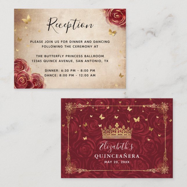 Burgundy and Gold Rose Elegant Details Enclosure Card (Front/Back)