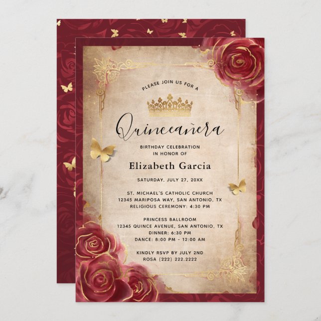 Burgundy and Gold Rose Elegant Quinceanera Invitation (Front/Back)
