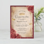 Burgundy and Gold Rose Elegant Quinceanera Invitation (Standing Front)