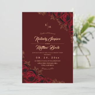 Burgundy and Gold Rose Floral Boho Wedding Invitat Invitation
