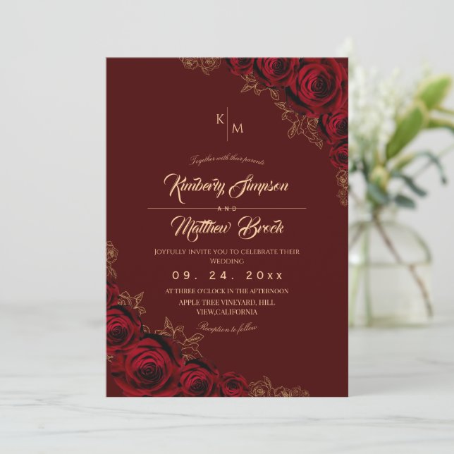 Burgundy and Gold Rose Floral Boho Wedding Invitat Invitation (Standing Front)
