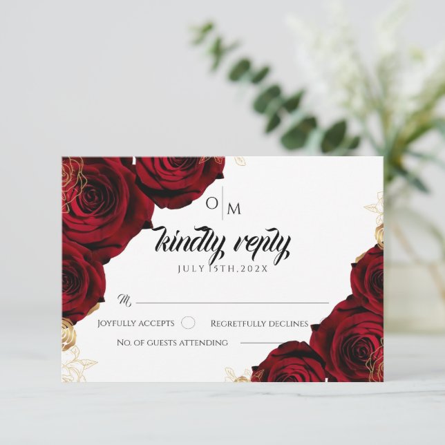 Burgundy and gold Rose Wedding Response Card (Standing Front)