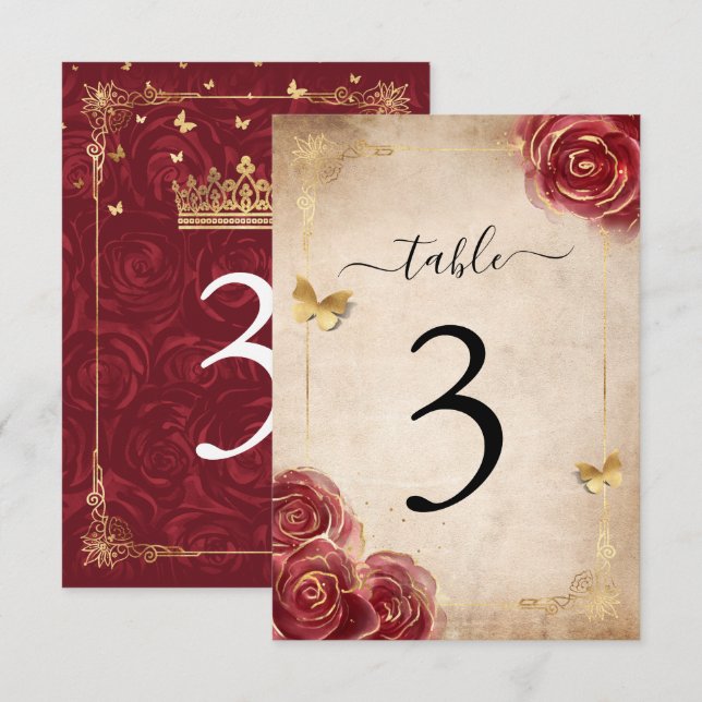 Burgundy and Gold Rose Wedding Table Number Cards (Front/Back)