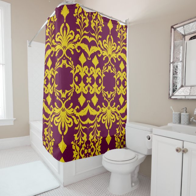 Burgundy and Gold Royal Damask Shower Curtain (In Situ)