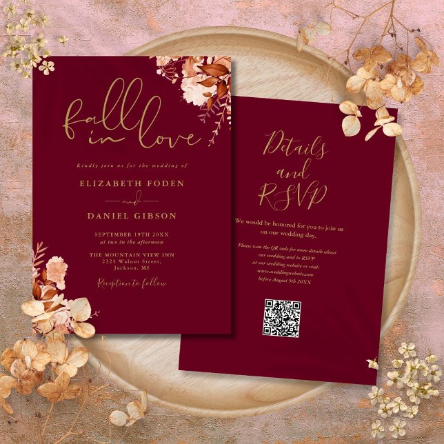 Burgundy And Gold Rustic Floral QR Code Wedding Invitation (Burgundy And Gold Rustic Floral QR Code Wedding Invitation)