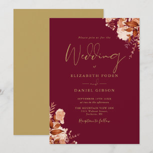 Burgundy And Gold Rustic Floral Wedding Invitation