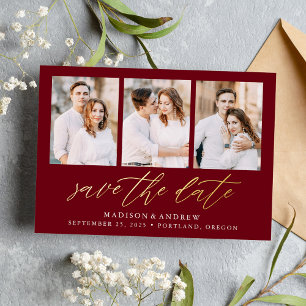 Burgundy and Gold Script 3 Photo Save the Date Foil Invitation