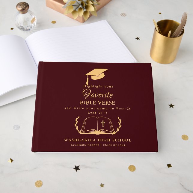 Burgundy and Gold Script  bible Graduation  Guest Book (Front Open)