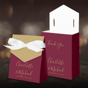 Burgundy and Gold Script Elegant Wedding Favor Boxes
