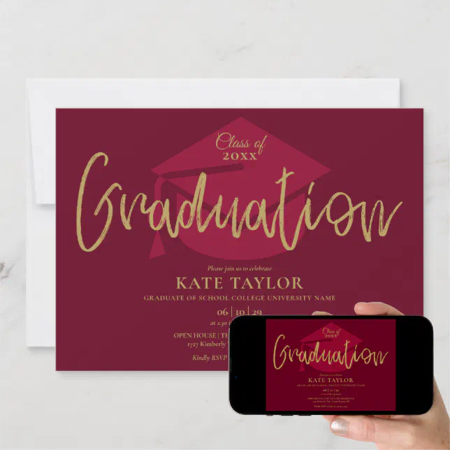 Burgundy And Gold Script Graduation Party Invitation | Zazzle