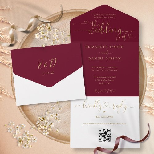 Burgundy And Gold Script Hearts QR Code Wedding All In One Invitation