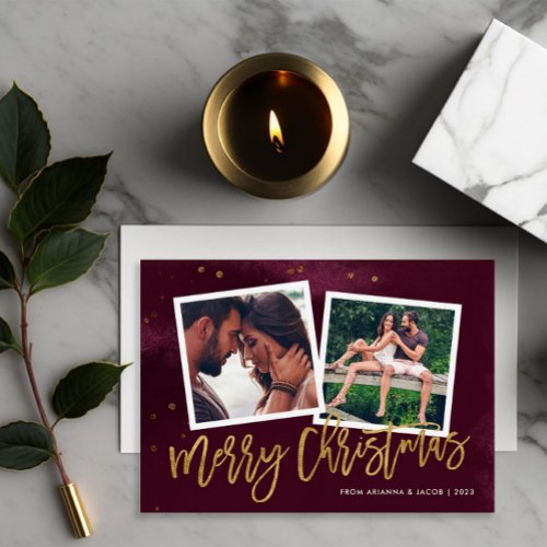 Burgundy and Gold Script Merry Christmas 2 Photo Holiday Card