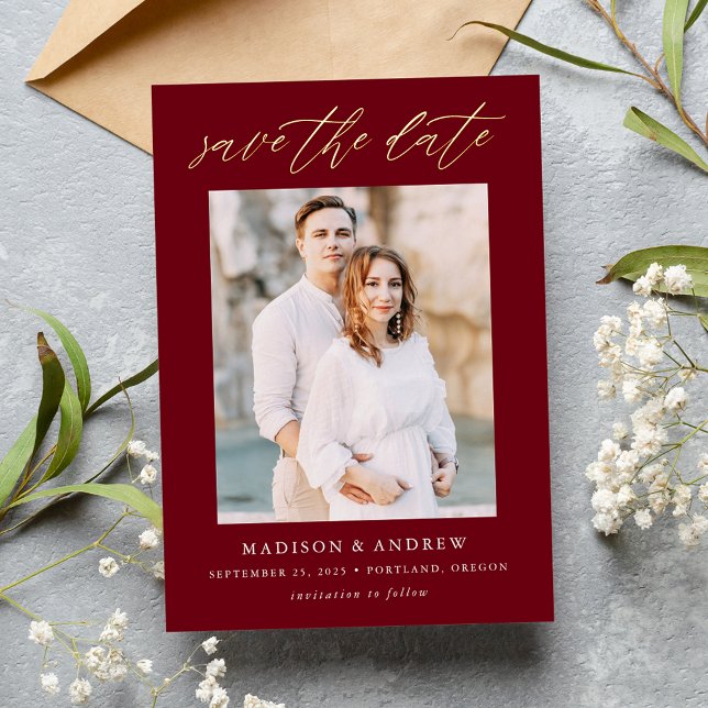 Burgundy and Gold Script Photo Save the Date Foil Invitation (Creator Uploaded)