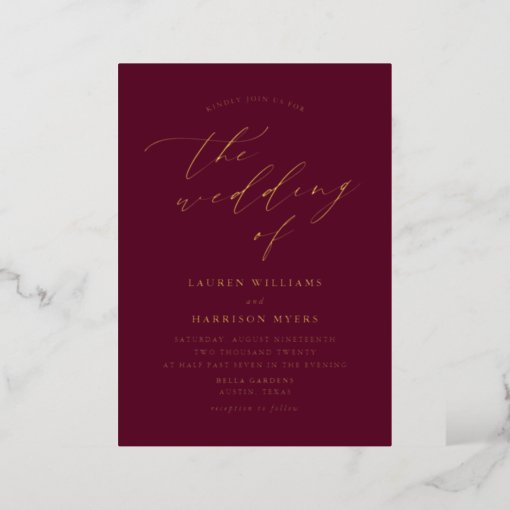 Burgundy And Gold Script Photo Wedding Foil Invitation Zazzle