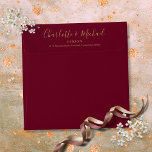 Burgundy and Gold Script Return Address Square Envelope<br><div class="desc">Featuring signature script names,  this elegant return address envelope can be personalized with your names and address details in chic gold lettering on a burgundy background. You can customize the background to your favorite wedding theme color. Designed by Thisisnotme©</div>