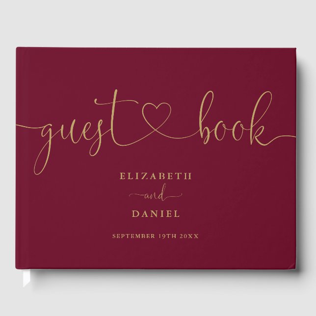 Burgundy And Gold Script Script Wedding Guest Book (Front)