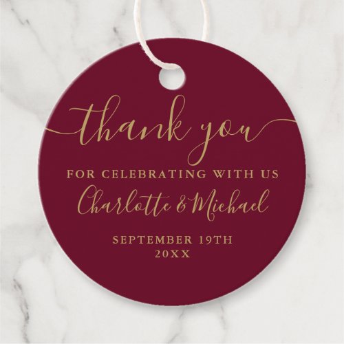 Burgundy and Gold Script Thank You Wedding Favor Tags