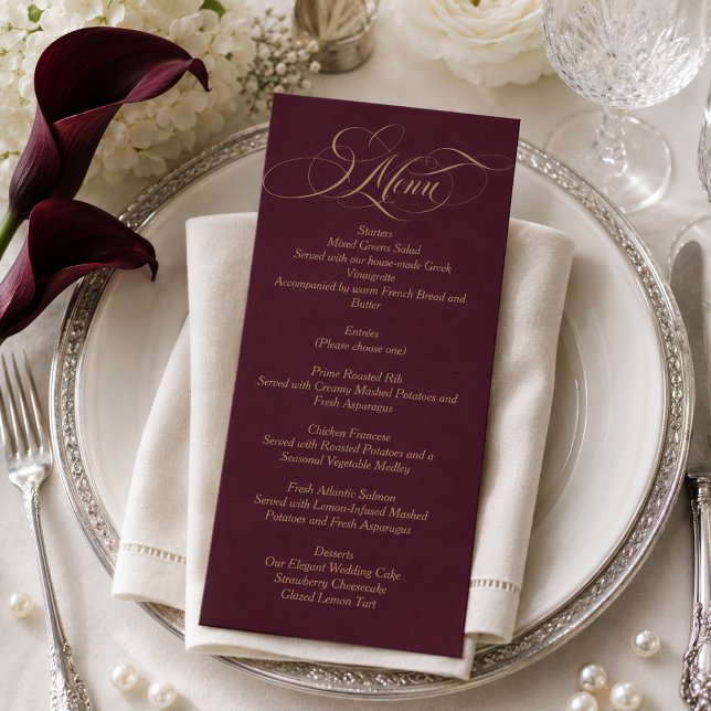 Burgundy and Gold Script Wedding Menu (Creator Uploaded)