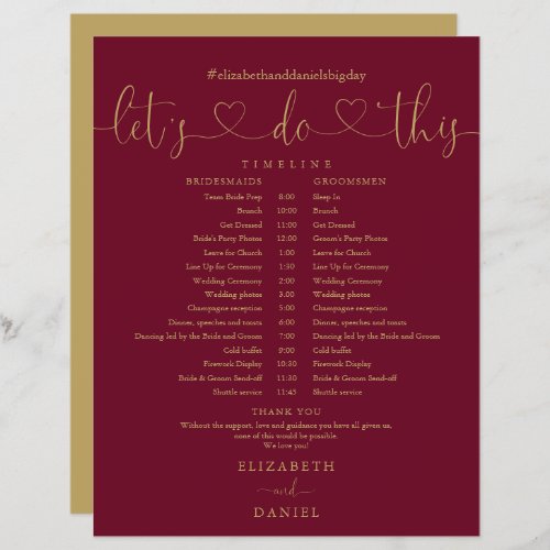 Burgundy And Gold Script Wedding Schedule Timeline
