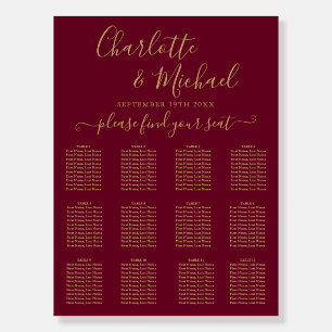 Burgundy and Gold Script Wedding Seating Chart Foam Board