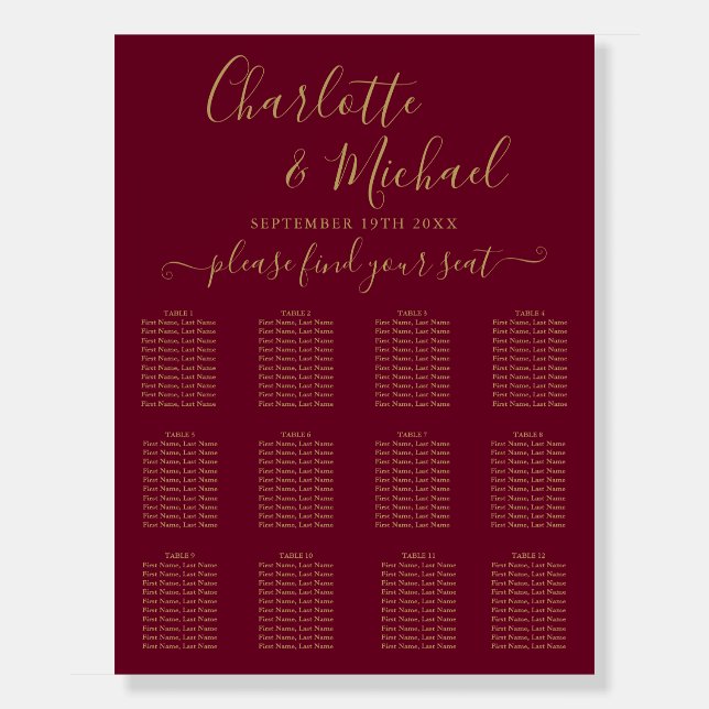 Burgundy and Gold Script Wedding Seating Chart Foam Board (Front)