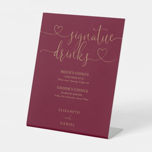 Burgundy And Gold Script Wedding Signature Drinks Pedestal Sign