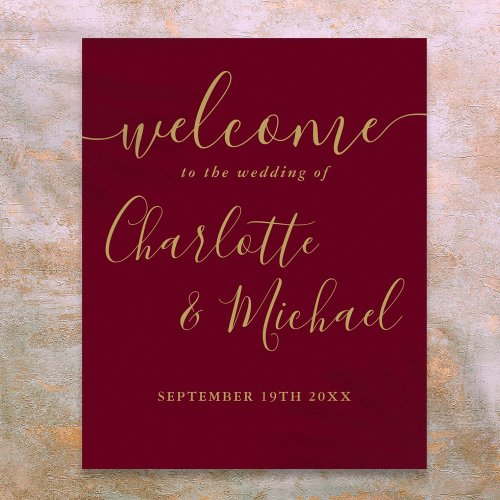 Burgundy and Gold Script Wedding Welcome Sign