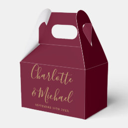 Burgundy and Gold Signature Script Wedding Favor Boxes