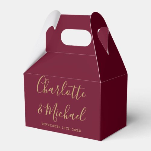 Burgundy and Gold Signature Script Wedding Favor Boxes
