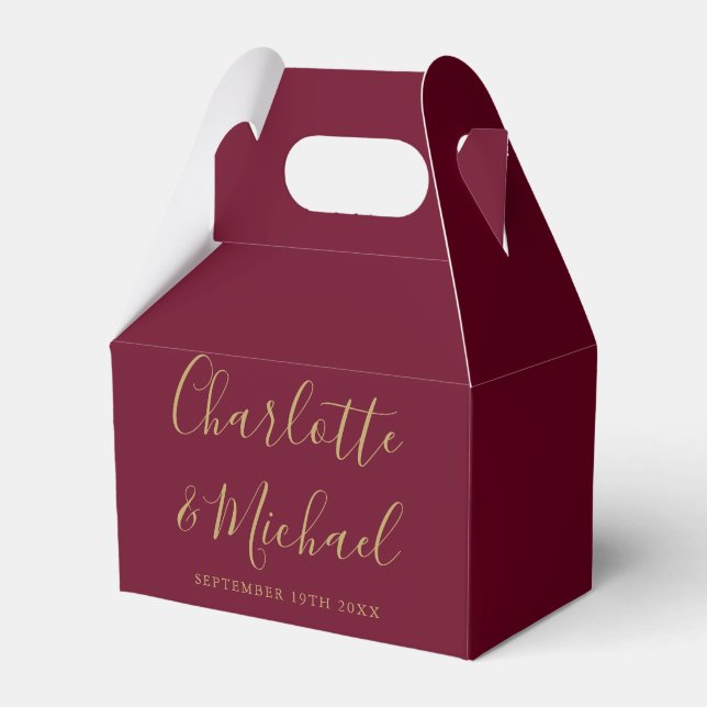 Burgundy and Gold Signature Script Wedding Favor Boxes (Front Side)