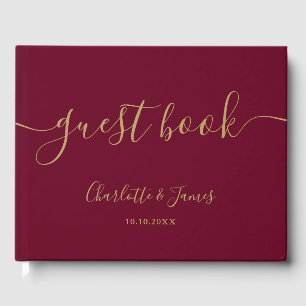 Burgundy and Gold Signature Script Wedding Guest Book