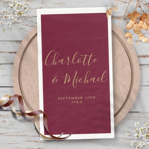 Burgundy and Gold Signature Script Wedding Paper Guest Towels