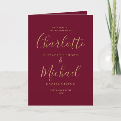 Burgundy and Gold Signature Script Wedding Program