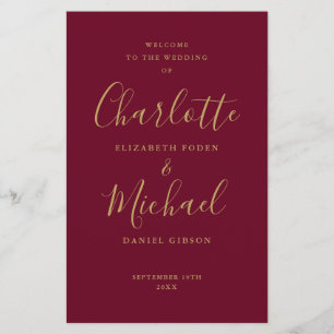 Burgundy and Gold Signature Script Wedding Program